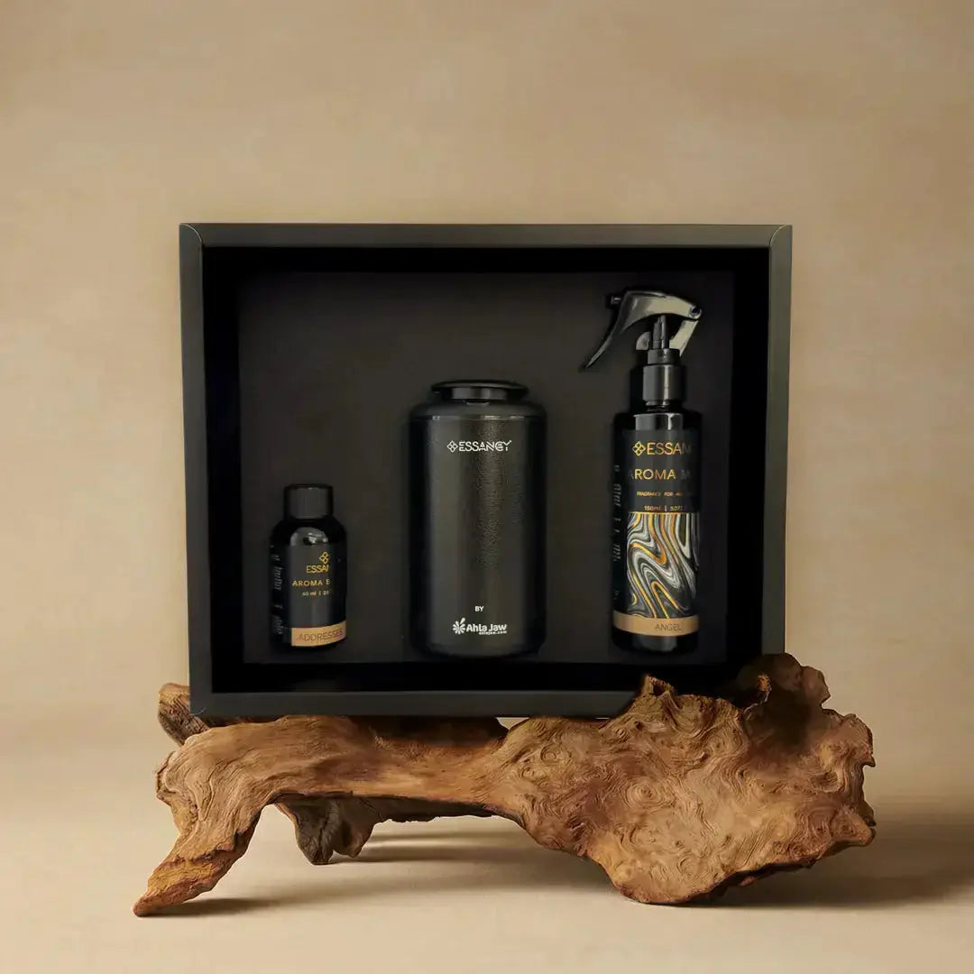 Aroma Diffuser & Mist Set - Scent Gift Box | Home & Travel featuring electric diffuser, aroma mist spray, and essential oil on wooden display.