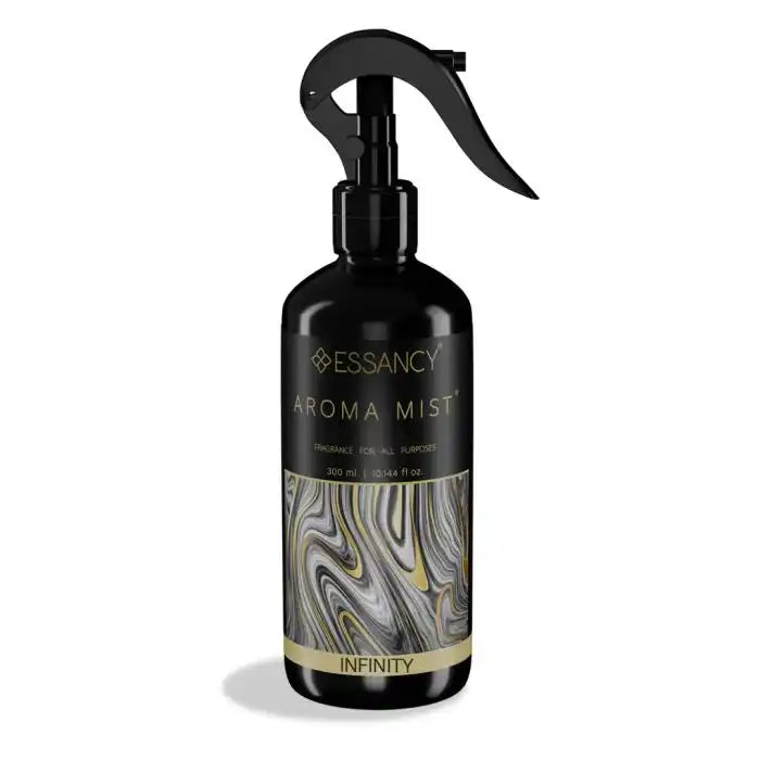 Infinity Air Freshener Spray by Essancy in a sleek black 300ml bottle with gold marbled design, ideal for home or commercial odor elimination.