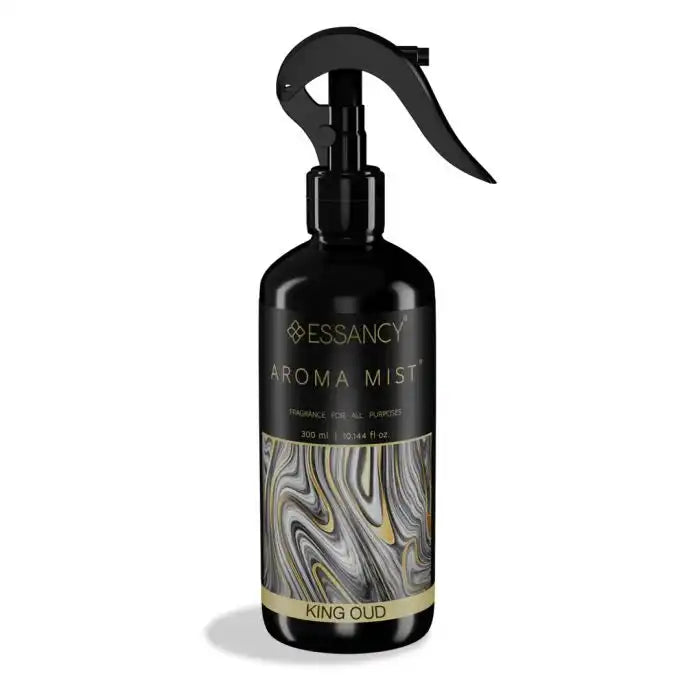 King Oud Air Freshener - Aroma Mist 300ml by Essancy in a sleek black spray bottle with gold and marble design, ideal for odor elimination.