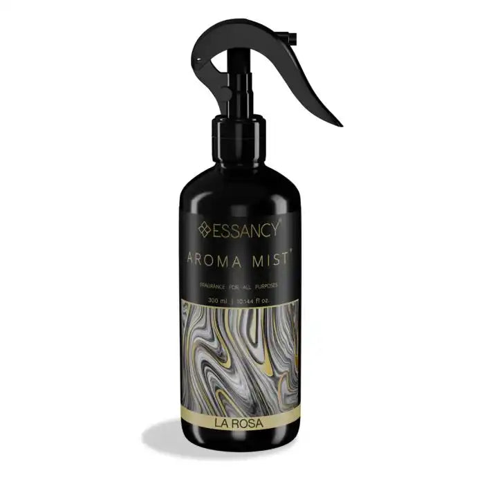 La Rosa Aroma Mist Air Freshener 300ml in sleek black spray bottle with marbled label design, ideal for odor neutralizing and home fragrance.