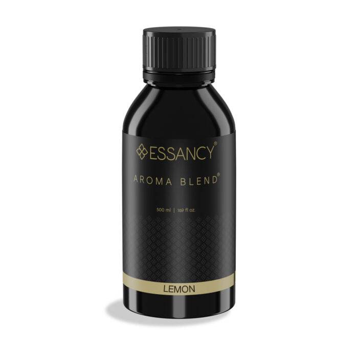 Lemon Aroma Blend 500ml – Premium Aroma Oil Diffuser in sleek black bottle with gold accents. Ideal for energizing home or office with fresh citrus scent.