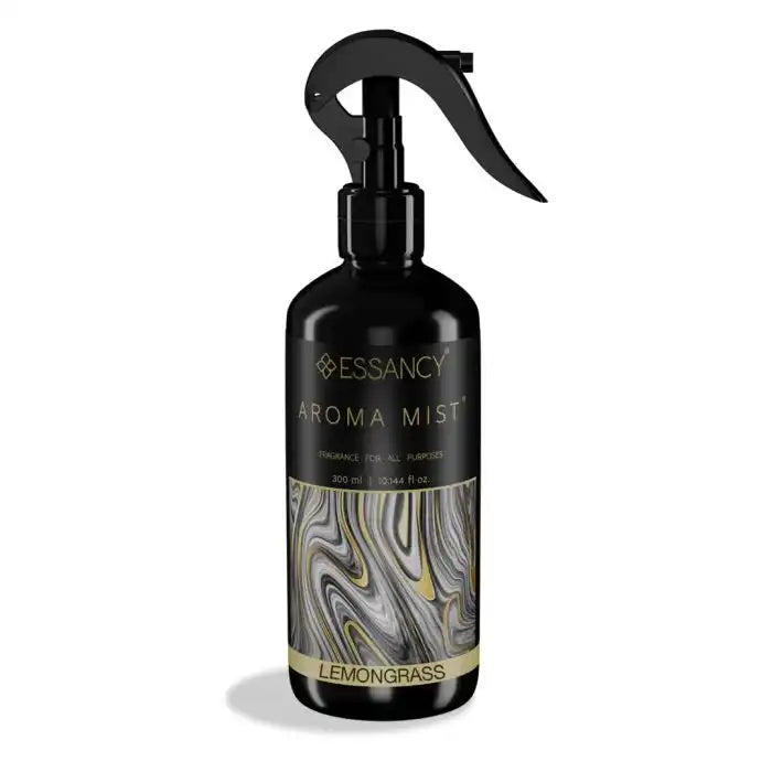 Lemongrass Air Freshener Spray – 300ml by Ahla jaw in a sleek black bottle with gold marbled design, ideal for home fragrance use.