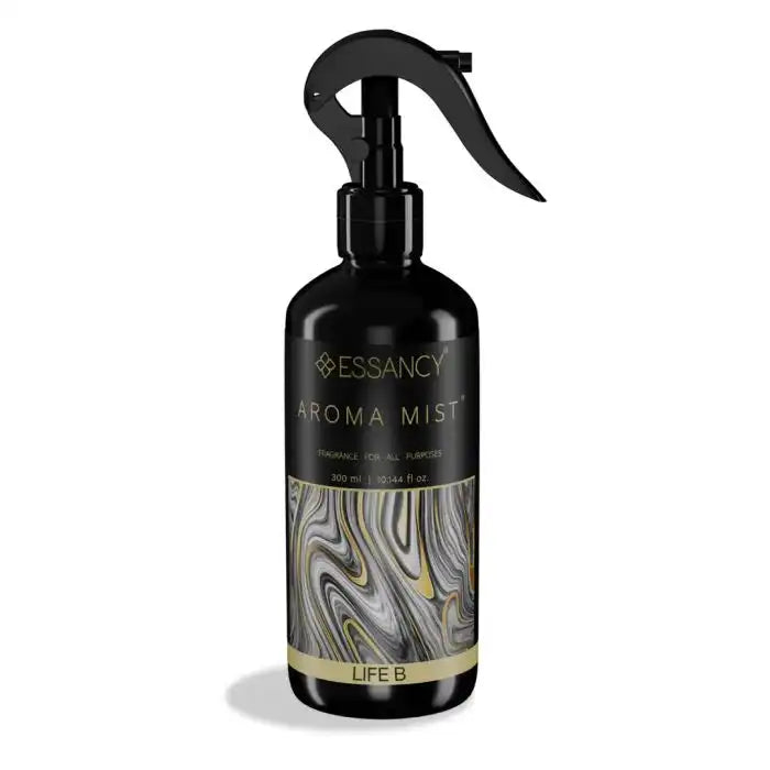 Life B Aroma Mist 300ml air freshener in a sleek black spray bottle with gold marbled design, ideal for home and office odor neutralizing.