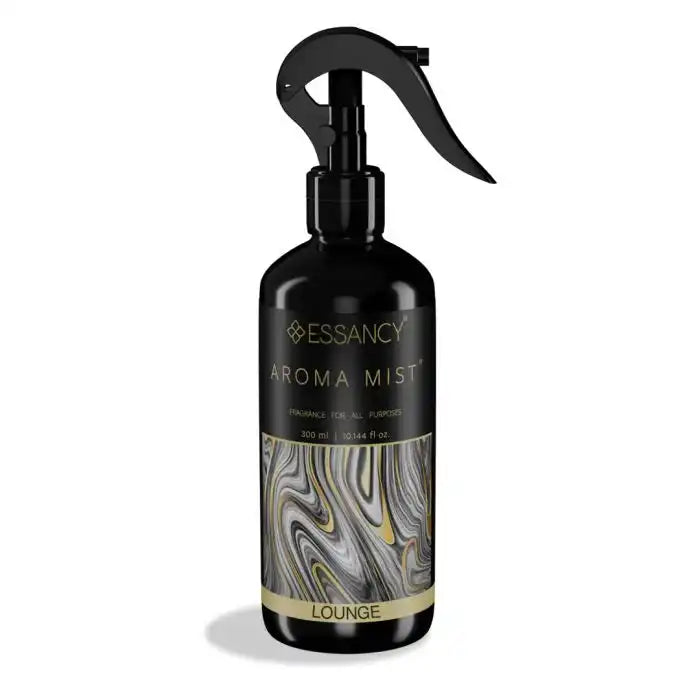 Lounge Air Freshener - Aroma Mist 300ml in sleek black spray bottle with marbled label, ideal for odor neutralizing in home or office spaces.