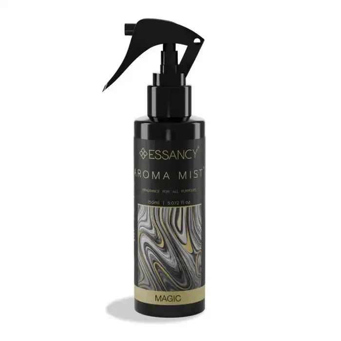 Magic Aroma Mist - Air Freshener with sleek black and gold swirl design, 150ml spray bottle for long-lasting home fragrance.