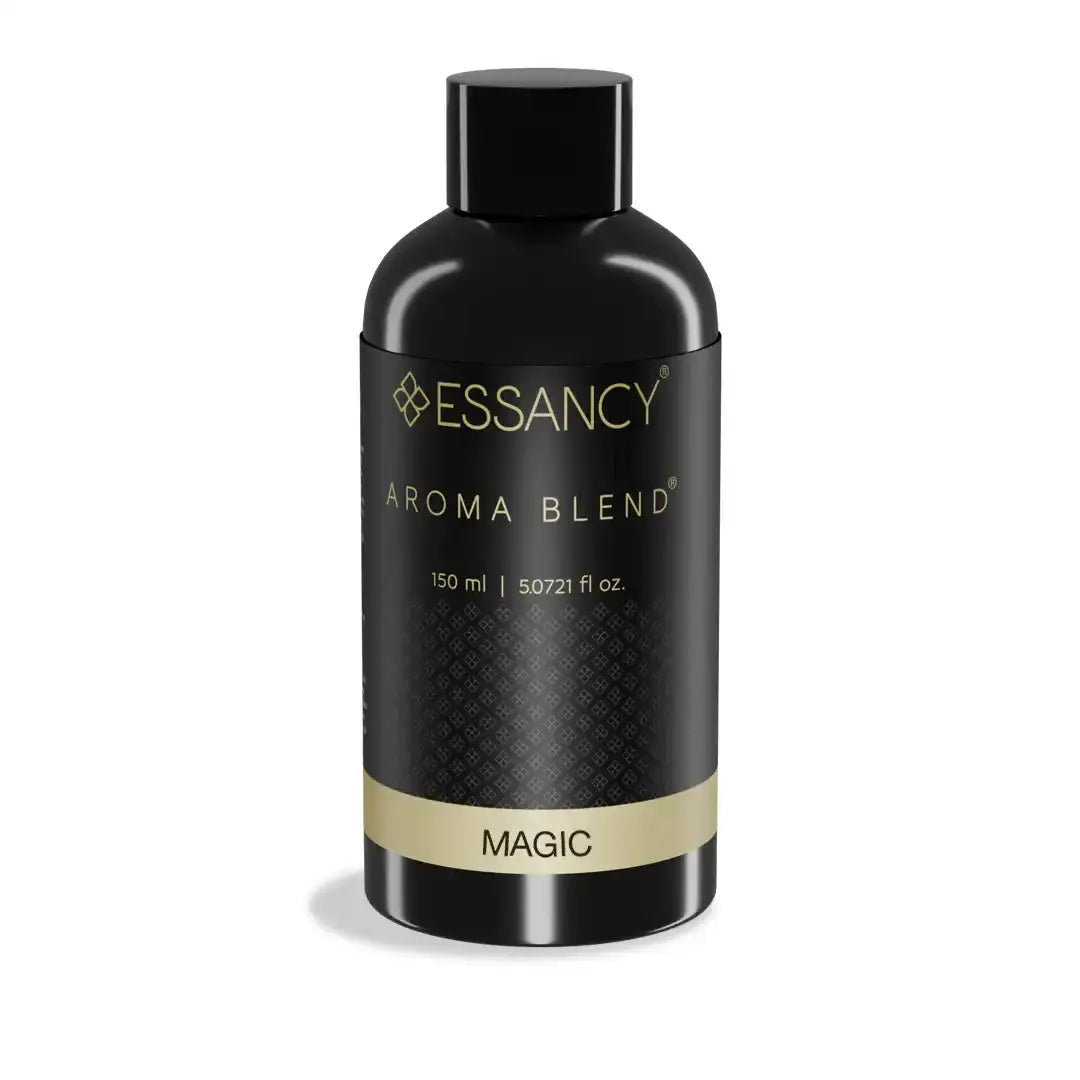 Essancy Magic Aroma Blend 150ml fragrance oil with elegant black and gold design, perfect for refreshing indoor spaces with premium scents.