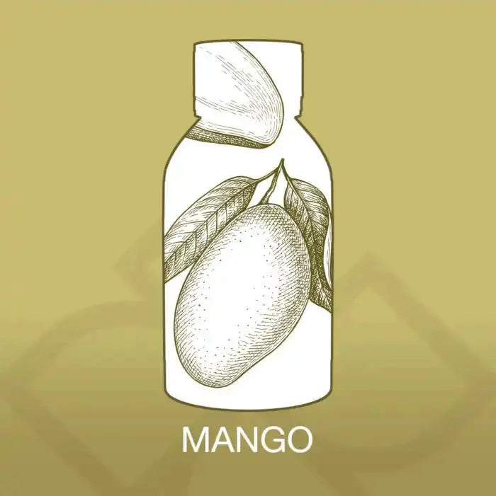 Illustration of mango fruit and leaves on bottle design, representing tropical essence of Mango Aroma Oil for home fragrance use.