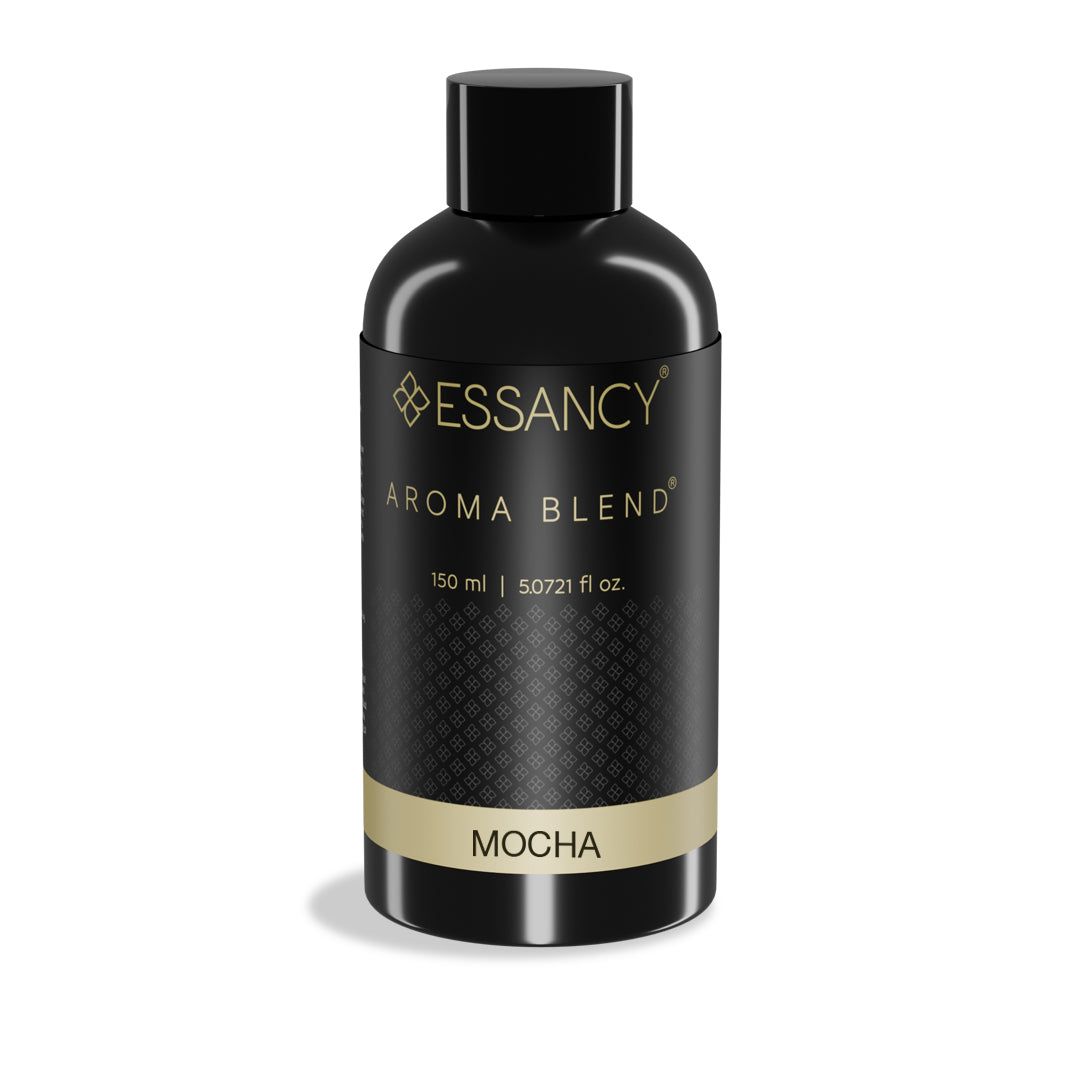 Essancy Mocha Aroma Blend 150ml diffuser oil in sleek black bottle, perfect for enhancing home ambiance with warm mocha notes.