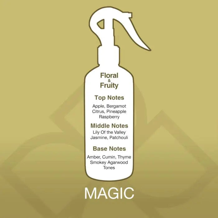 Magic Aroma Mist scent profile chart showing floral and fruity notes including apple, jasmine, and oud for a vibrant air freshener blend.