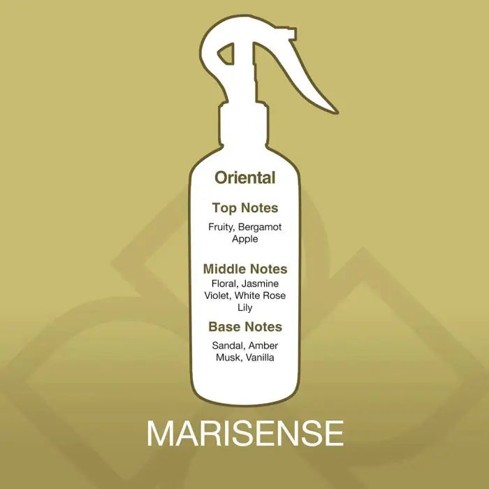 Fragrance profile of Marisense Aroma Mist Air Freshener showing top notes of bergamot and apple, with floral and vanilla base notes.