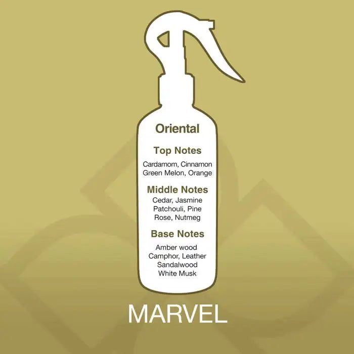 Marvel Aroma Mist scent profile chart showing oriental fragrance with cardamom, cinnamon, jasmine, cedar, and white musk notes.