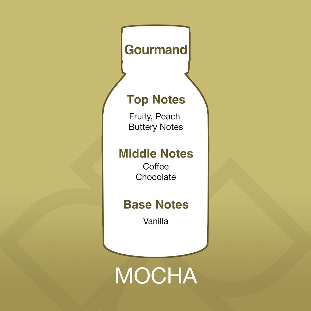 Mocha Aroma Blend fragrance profile showing top notes of peach and buttery fruit, middle notes of coffee and chocolate, and vanilla base.