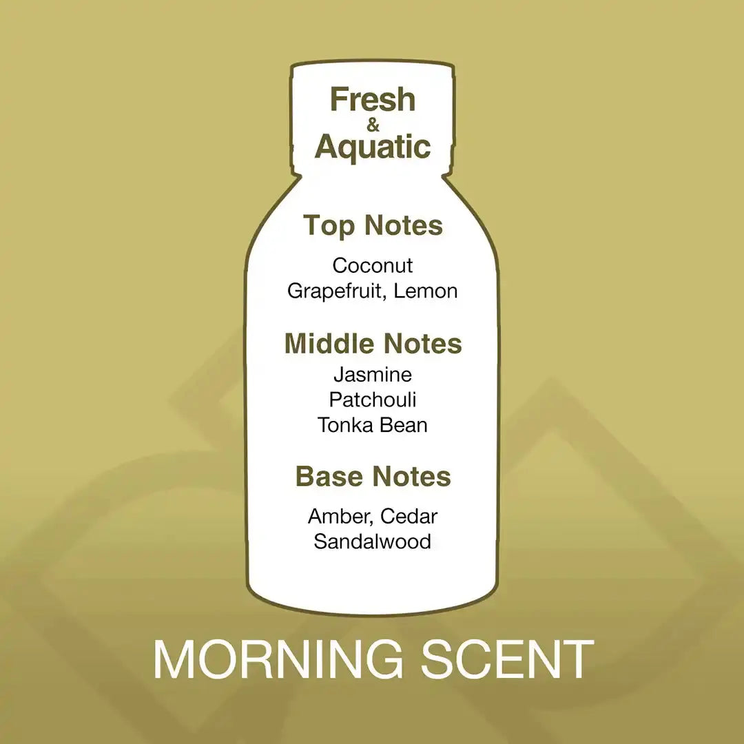 Morning Scent Aroma Blend fragrance oil note chart showing coconut, jasmine, and sandalwood for a fresh and aquatic aroma.