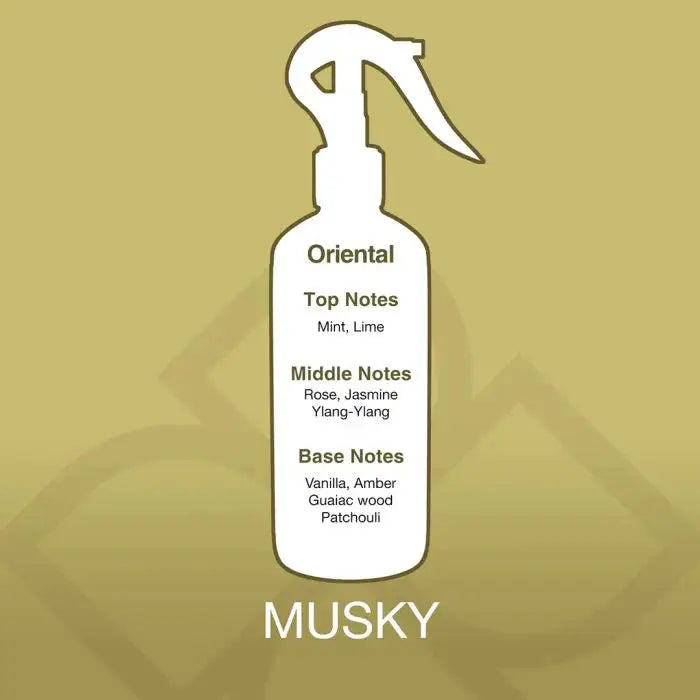 Fragrance profile of Musky Aroma Mist 300ml showing oriental scent with mint, lime, rose, jasmine, vanilla, and patchouli notes.