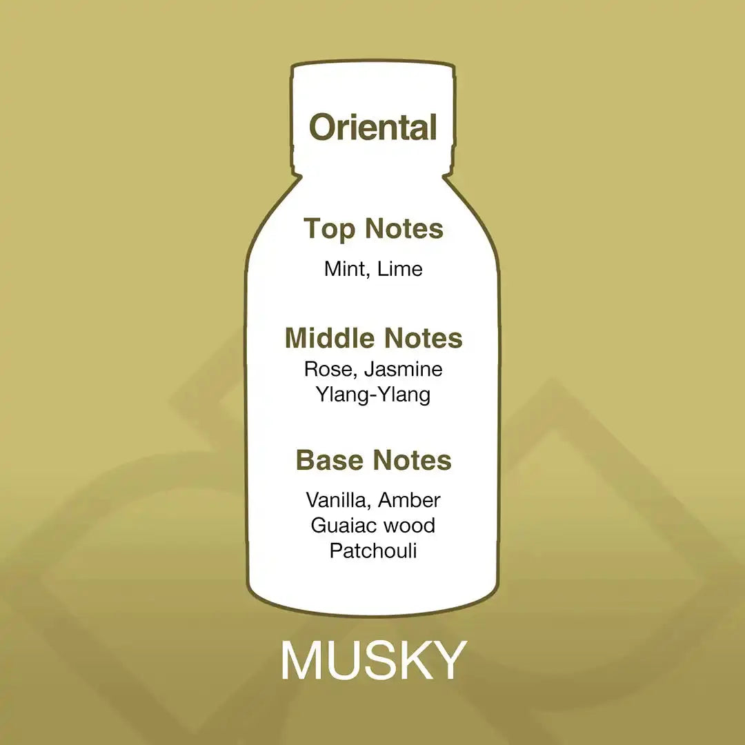 Fragrance profile of Musky Aroma Blend showing oriental scent with mint, lime, rose, jasmine, amber, and patchouli notes.