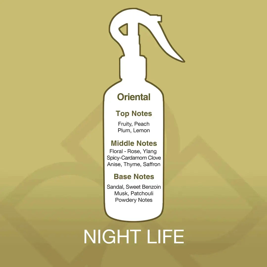 Fragrance profile of Night Life Air Freshener Spray showing oriental notes with fruity, floral, and musky base for a sophisticated scent.