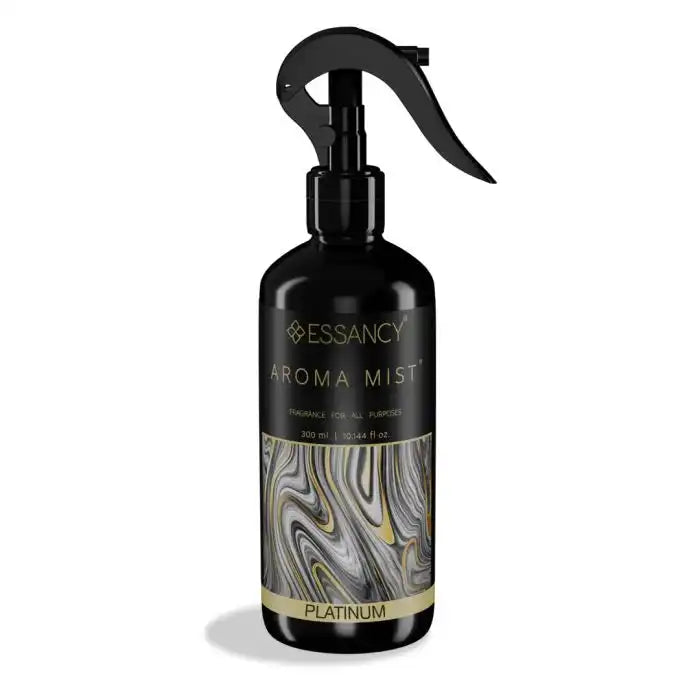 Platinum Air Freshener - Aroma Mist 300ml in sleek black spray bottle with marbled label, ideal for neutralizing odors in home spaces.