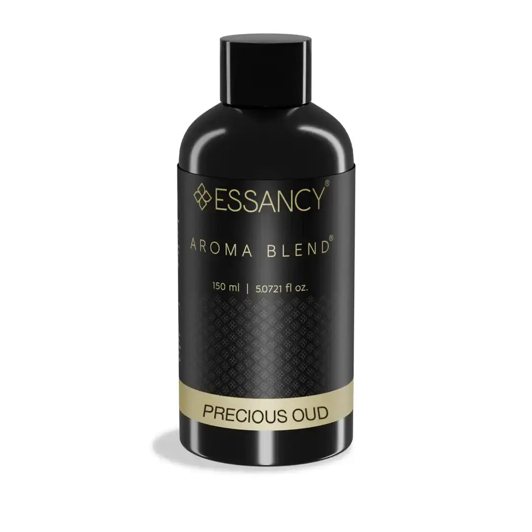 150ml Precious Oud Aroma Blend diffuser by Essancy in sleek black bottle, ideal for elegant home fragrance with citrus, rose, and musk notes.