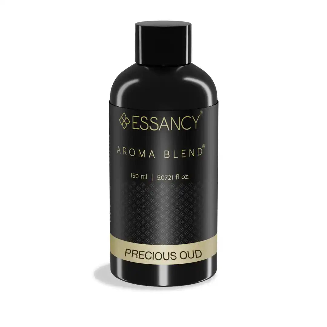 150ml Precious Oud Aroma Blend diffuser by Essancy in sleek black bottle, ideal for elegant home fragrance with citrus, rose, and musk notes.