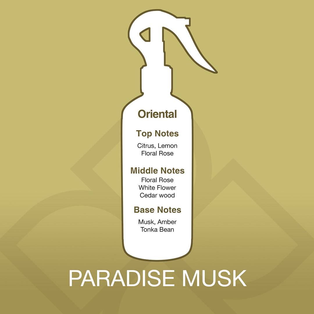 Fragrance breakdown of Paradise Musk Room Spray UAE – Premium Aroma Mist 300ml showing citrus, floral, and musky scent layers.