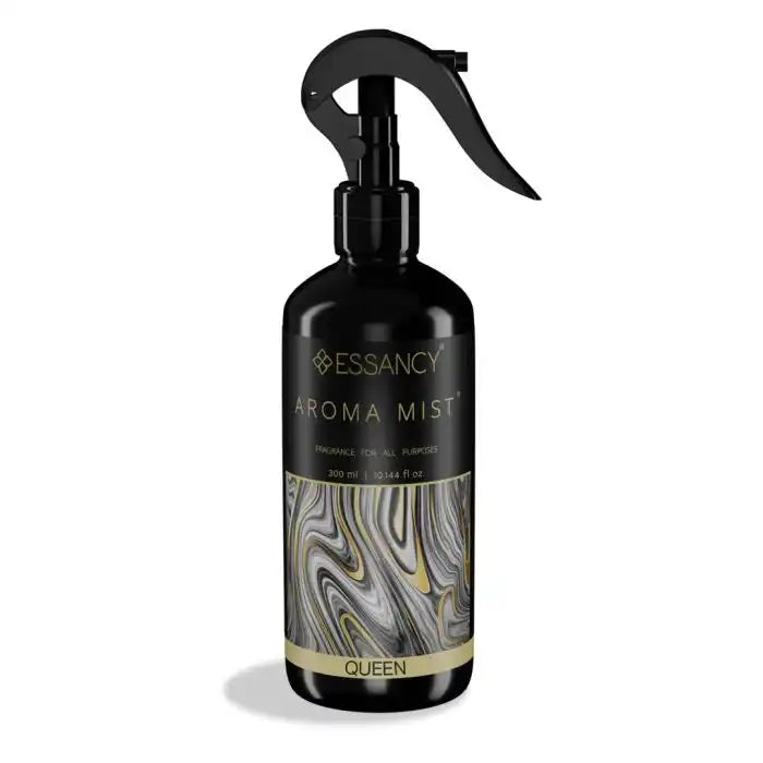 Queen Aroma Mist - 300ml air freshener spray by Essancy with elegant black and gold design, ideal for home fragrance and decor.