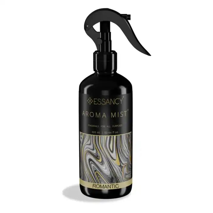 Romantic Aroma Mist 300ml air freshener by Essancy with elegant black and gold design, ideal for neutralizing odors in home and garden spaces.