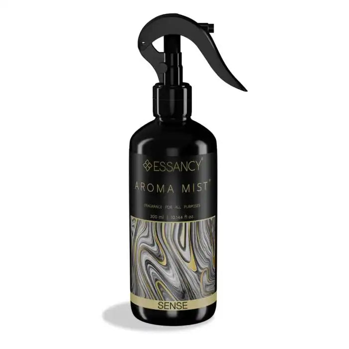 Sense Aroma Mist Air Freshener 300ml in sleek black spray bottle with marbled label design, ideal for long-lasting home fragrance.