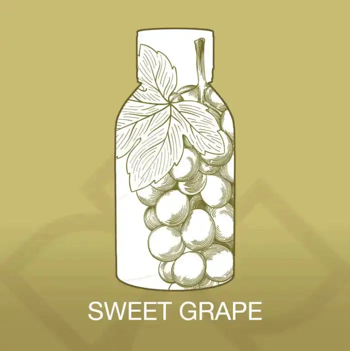 Illustration of Sweet Grape Aroma Blend bottle with grapevine design, representing fruity fragrance oil for home use. Perfect for eco-friendly diffusers.