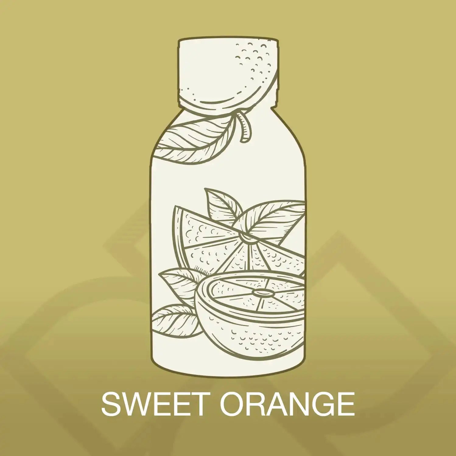 Illustrated label design of Sweet Orange Aroma Blend featuring citrus fruit and leaves, representing the refreshing home fragrance oil.