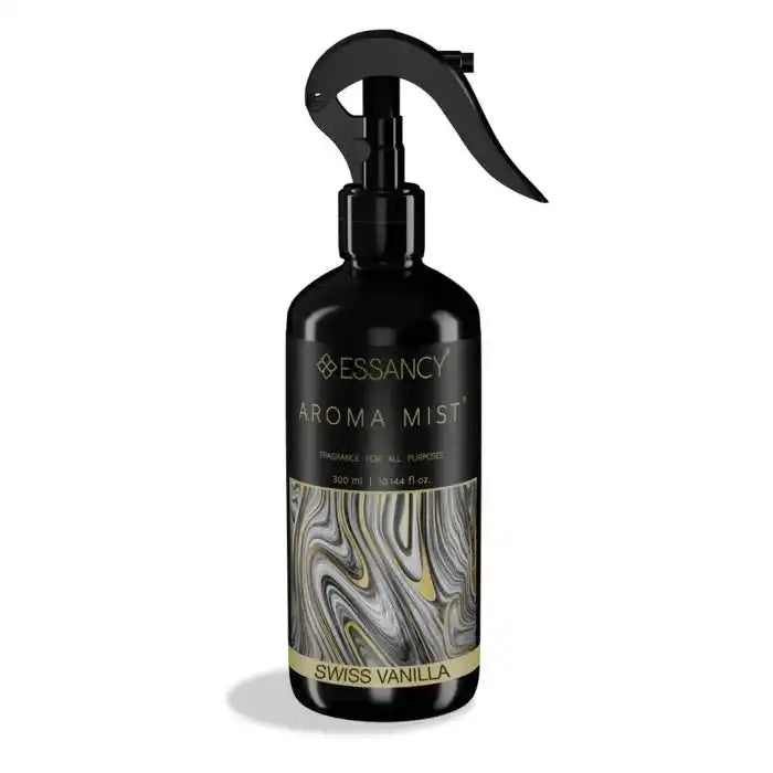 Swiss Vanilla Air Freshener - Aroma Mist 300ml by Essancy with sleek black spray bottle design, ideal for refreshing home spaces with vanilla scent.