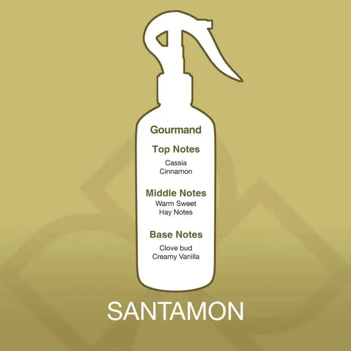 Fragrance profile of Santamon Aroma Mist Room Spray 300ml showing top notes of cassia and cinnamon, with creamy vanilla base notes.
