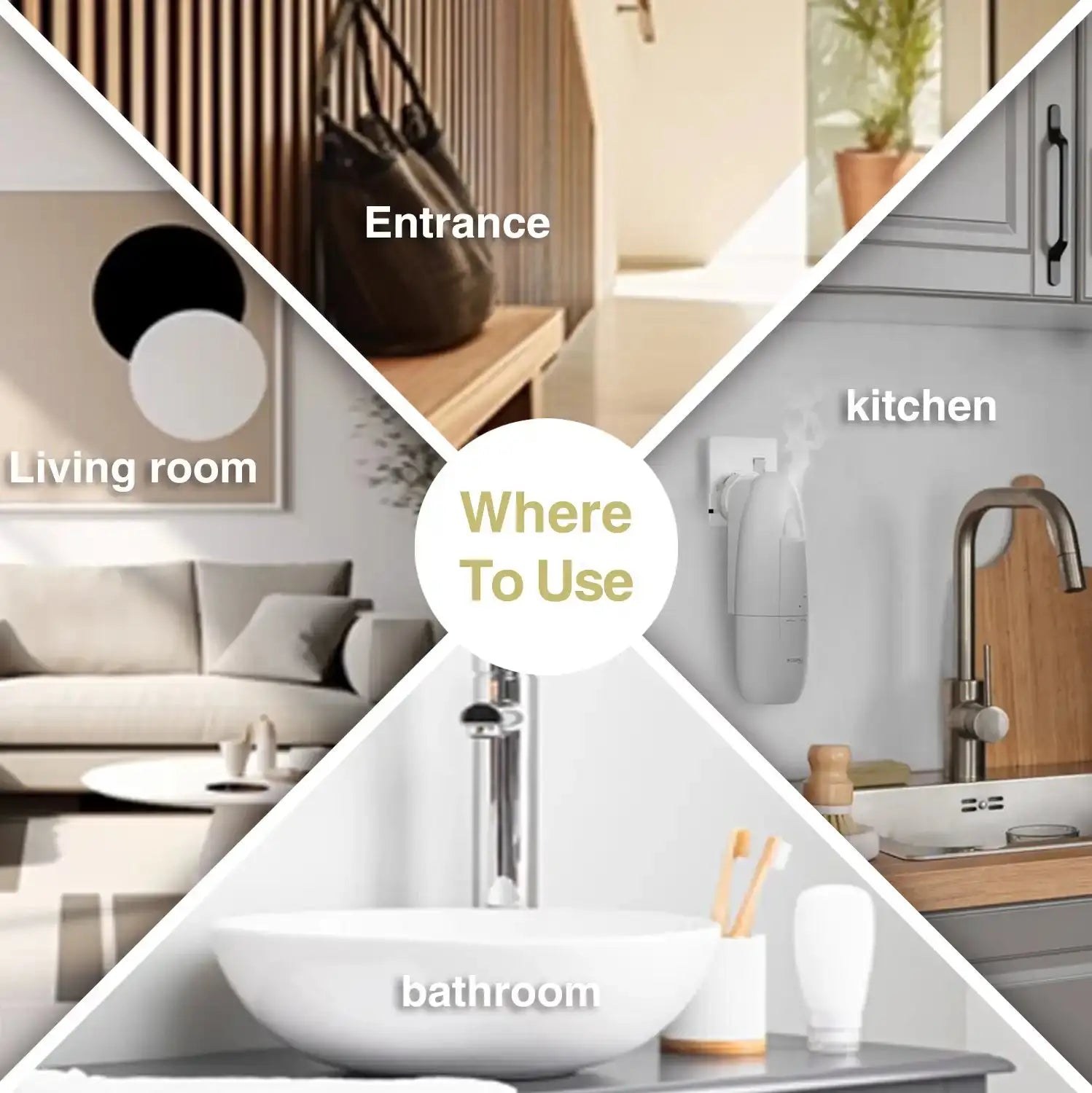 ScentAura Aroma Diffuser shown in entrance, kitchen, bathroom, and living room, highlighting versatile use in home fragrance decor.