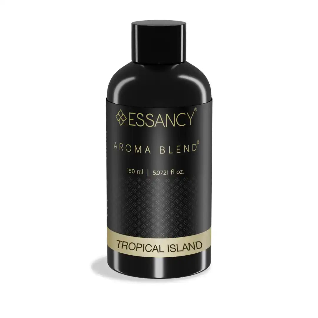 Essancy Tropical Island Aroma Blend 150ml fragrance oil in sleek black bottle, ideal for home diffuser use with fruity and floral scent notes.