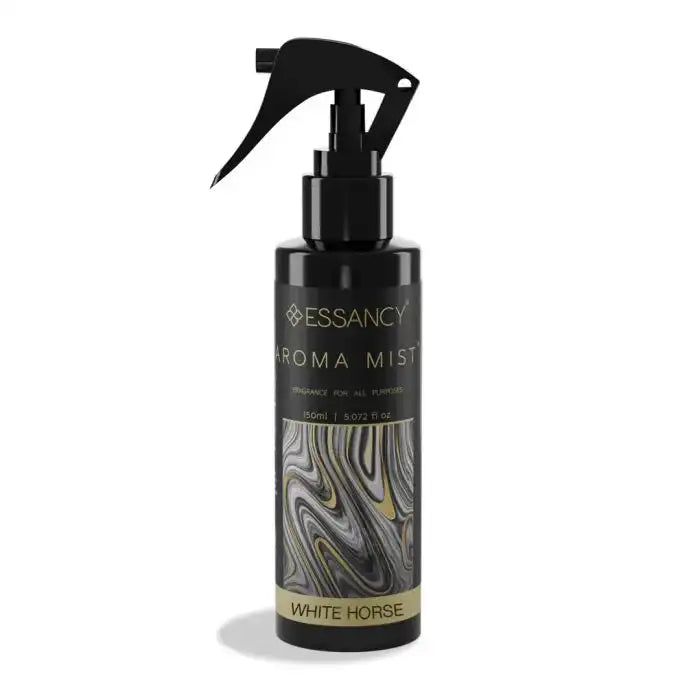 White Horse Aroma Mist Air Freshener 150ml room spray in a sleek black and gold bottle, ideal for elegant home fragrance and freshness.
