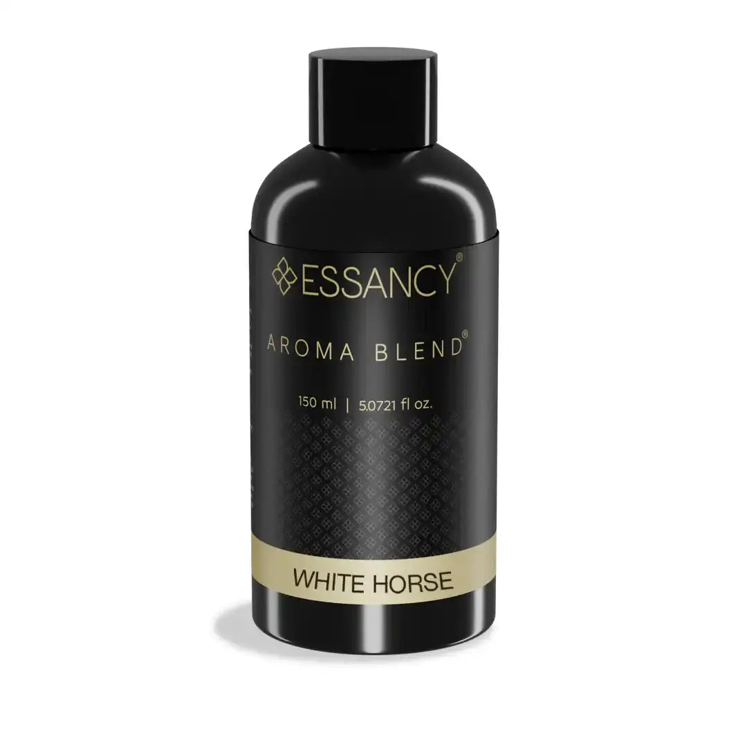 Essancy White Horse Aroma Blend 150ml fragrance oil, stylish black bottle for unique home scent diffusion and decor.