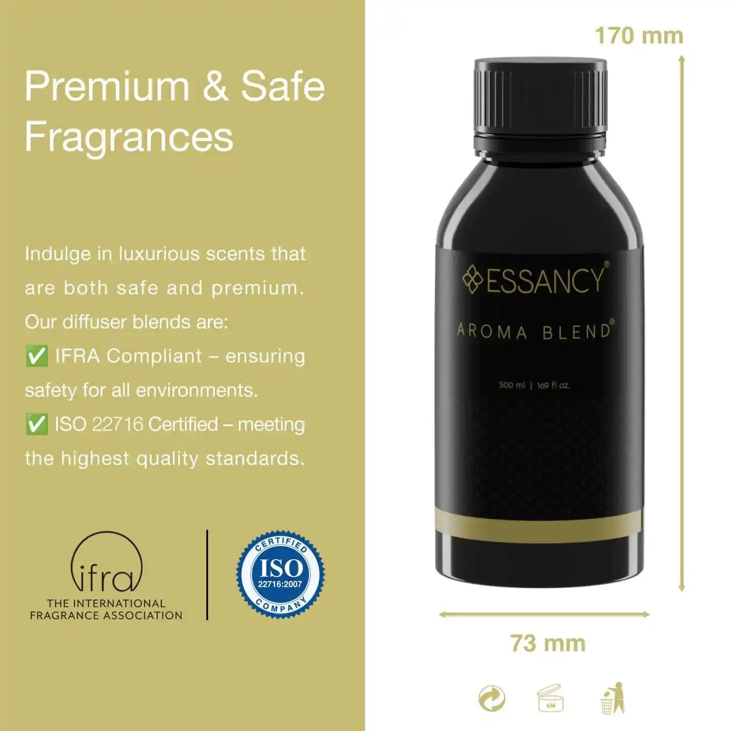 Essancy Neroli Aroma Blend 500ml bottle shown with dimensions and ISO certifications, highlighting premium and safe floral citrus fragrance.