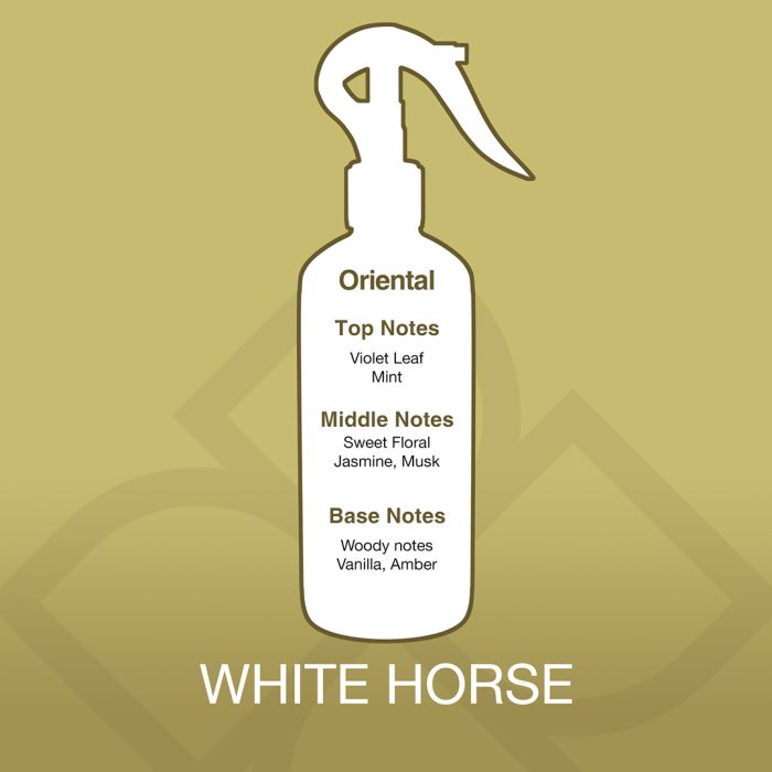 White horse spray bottle with fragrance notes on a gold background