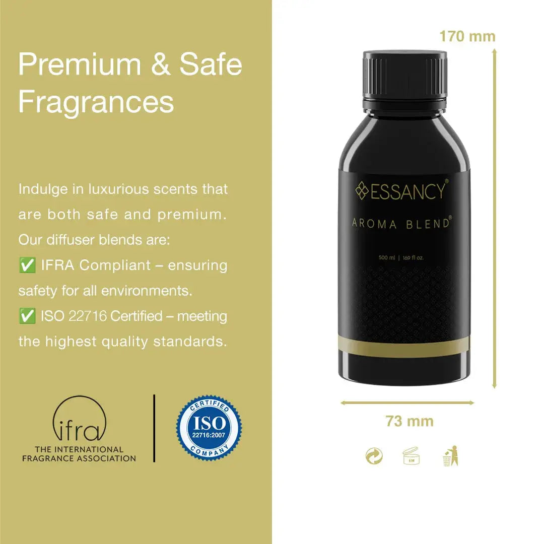 Essancy Aroma Blend 500ml bottle with IFRA and ISO certifications, highlighting premium and safe fragrance oil for home diffuser use.