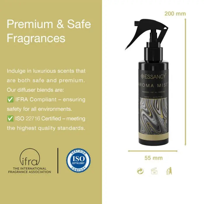 Magic Aroma Mist premium air freshener with IFRA and ISO certifications, ensuring safe, high-quality fragrance for home and fabric use.