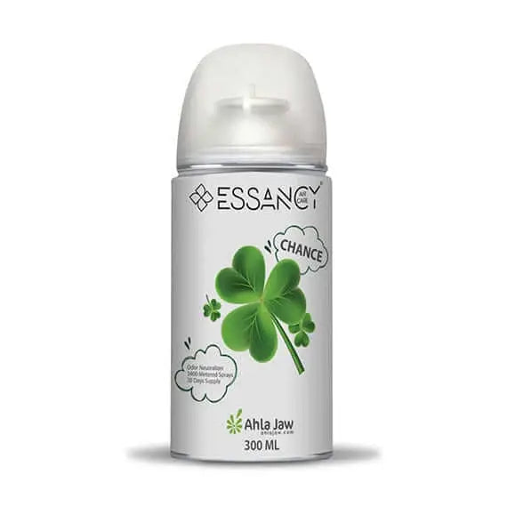 Chance Aroma Air Freshener 300ml by Essancy with clover design, ideal for manual and auto use in home or office for long-lasting scent.