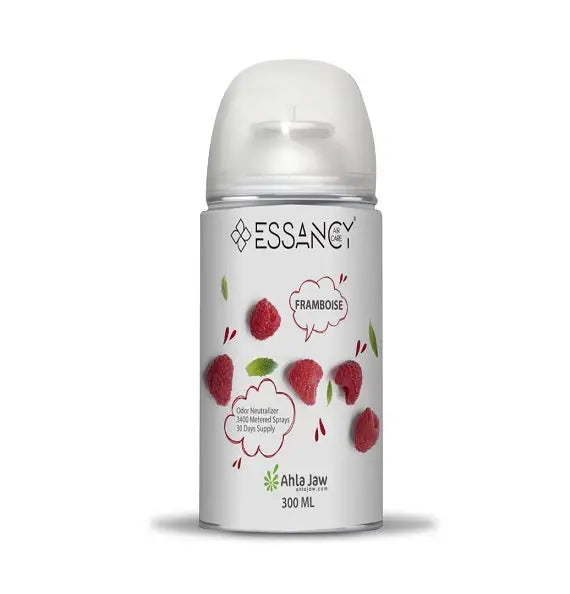 Raspberry Air Freshener - Sweet Scent spray with vibrant raspberry graphics on white canister. 300ml odor-neutralizing home fragrance.