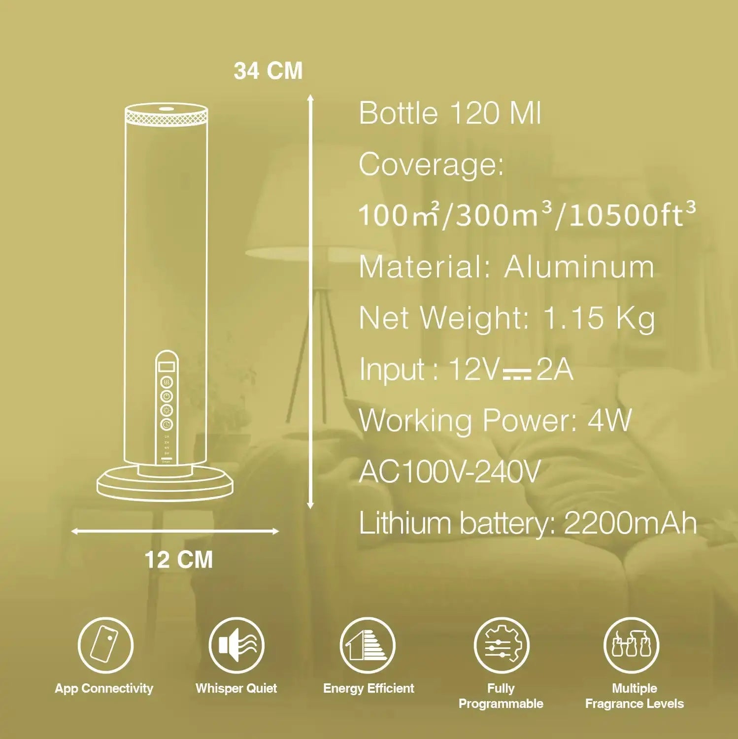 Marbella Echo Aroma Diffuser product specs showing aluminum build, 120ml bottle, 10500ft³ coverage, and energy-efficient features.