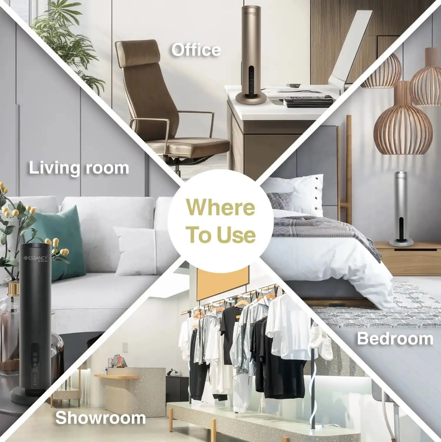 Marbella Echo Aroma Diffuser shown in various rooms like office, bedroom, and showroom, highlighting versatile home fragrance use.