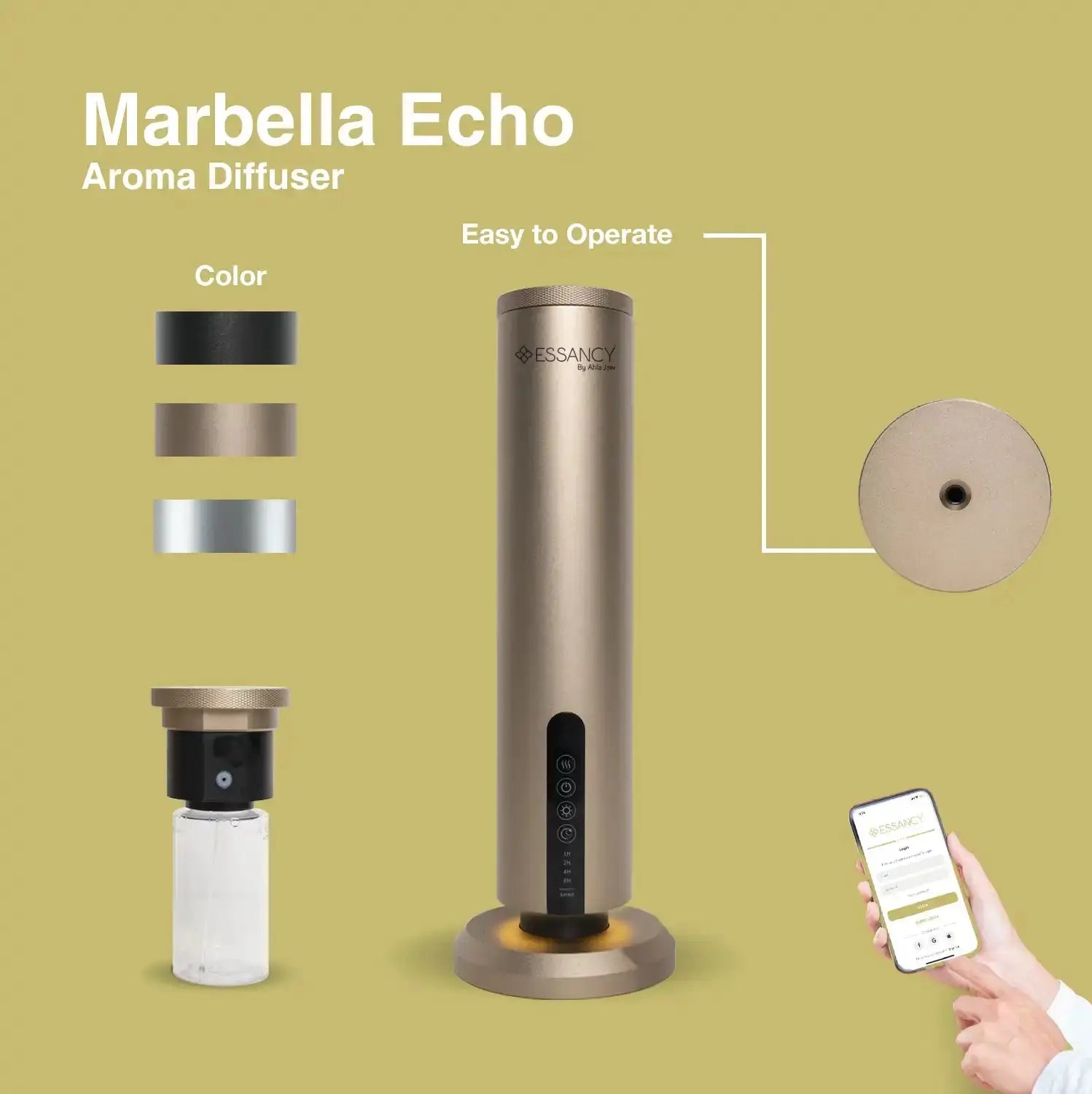 Marbella Echo Aroma Diffuser in gold with app control, refillable bottle, and easy operation for stylish scent diffusion.