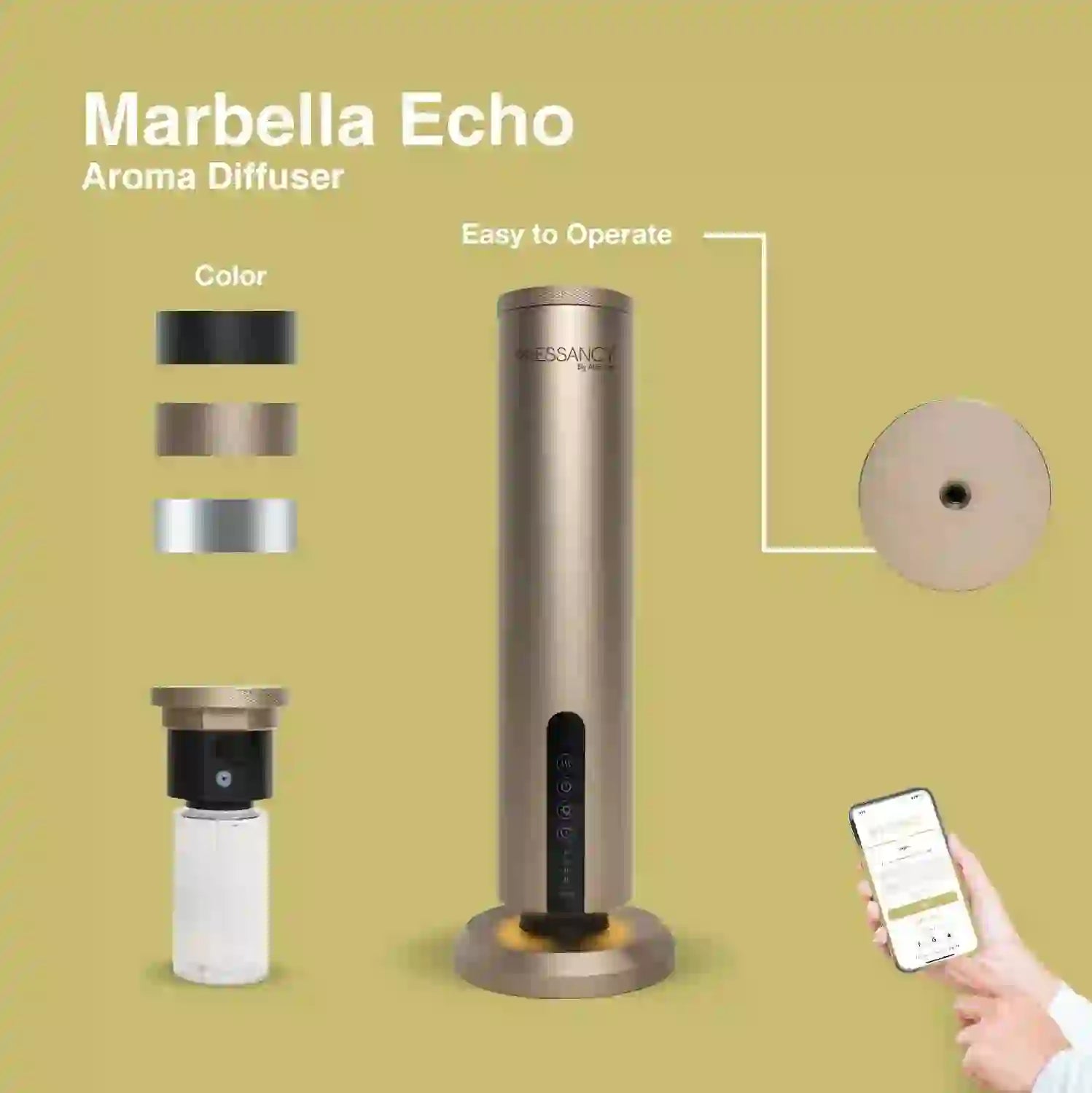 Marbella Echo Aroma Diffuser in gold with app control, refillable bottle, and easy operation for stylish scent diffusion.