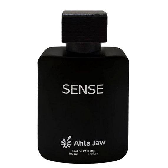 Black perfume bottle labeled 'Sense' by Ahla Jaw on a white background