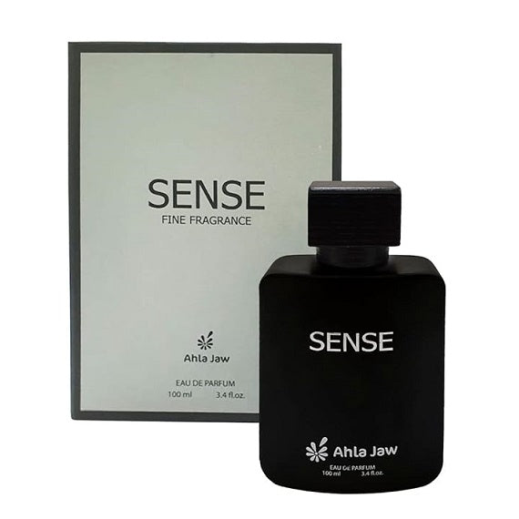 Black 'Sense' perfume bottle and packaging on a white background