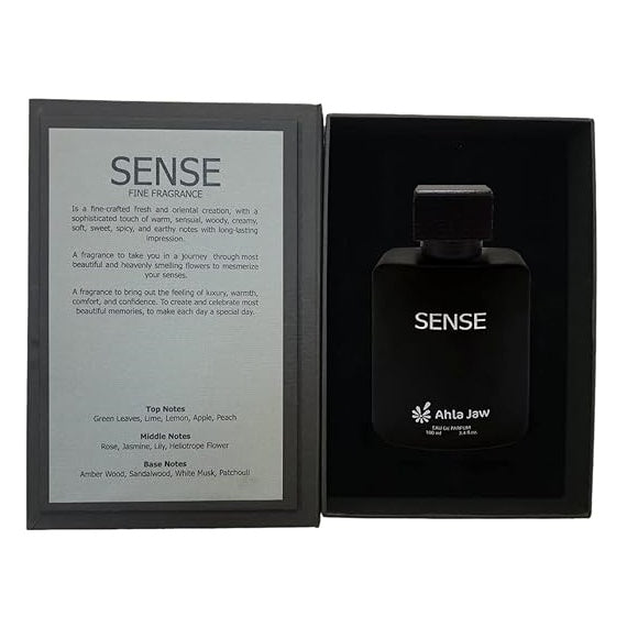Black perfume bottle with 'Sense' branding and packaging on a white background