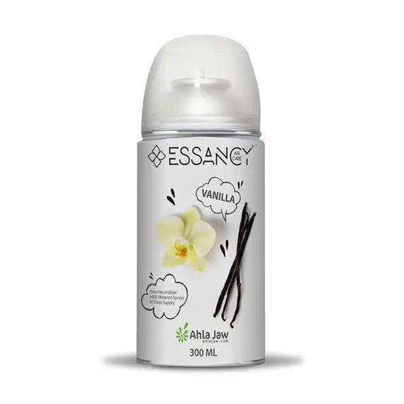 Aroma Aerosol: Vanilla Air Freshener 300ml spray with vanilla flower and pods design, ideal for home fragrance and long-lasting freshness.