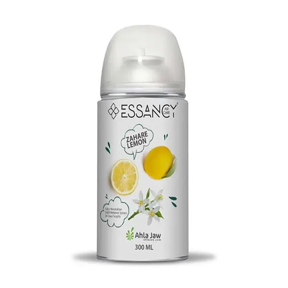 Aroma Aerosol Zahare Lemon automatic air freshener by Essancy, 300ml can with citrus lemon graphics. Ideal for energizing home or office spaces.